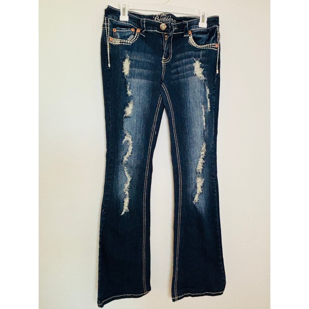 Rue21 Premiere Denim Curvy Bootcut Distressed Rhinestone Jeans Dark Wash 7/8